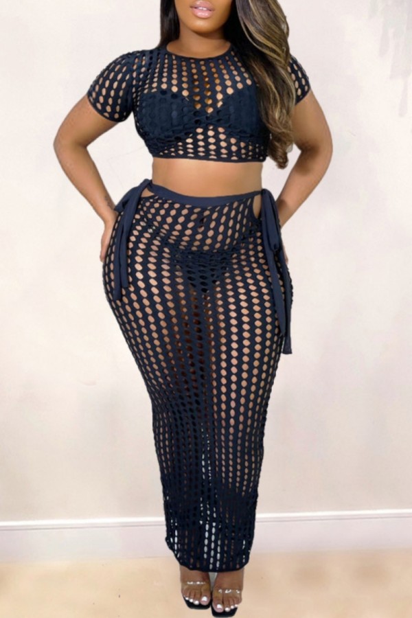 Black Sexy Casual Solid Hollowed Out Frenulum See-through O Neck Short Sleeve Two Pieces