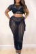Black Sexy Casual Solid Hollowed Out Frenulum See-through O Neck Short Sleeve Two Pieces