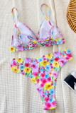 Blue Yellow Red Sportswear Print Backless Patchwork Swimwears(With Paddings)