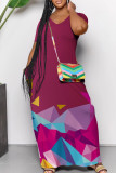 Green Yellow Casual Geometric Print Pocket Patchwork V Neck Straight Dresses