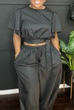 Black Casual Solid Color Lace Up O Neck Short Sleeve Two Pieces