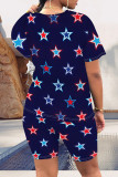 Multicolor Casual Print Patchwork O Neck Short Sleeve Two Pieces