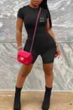 Pink Casual Letter Print Zipper O Neck Skinny Rompers