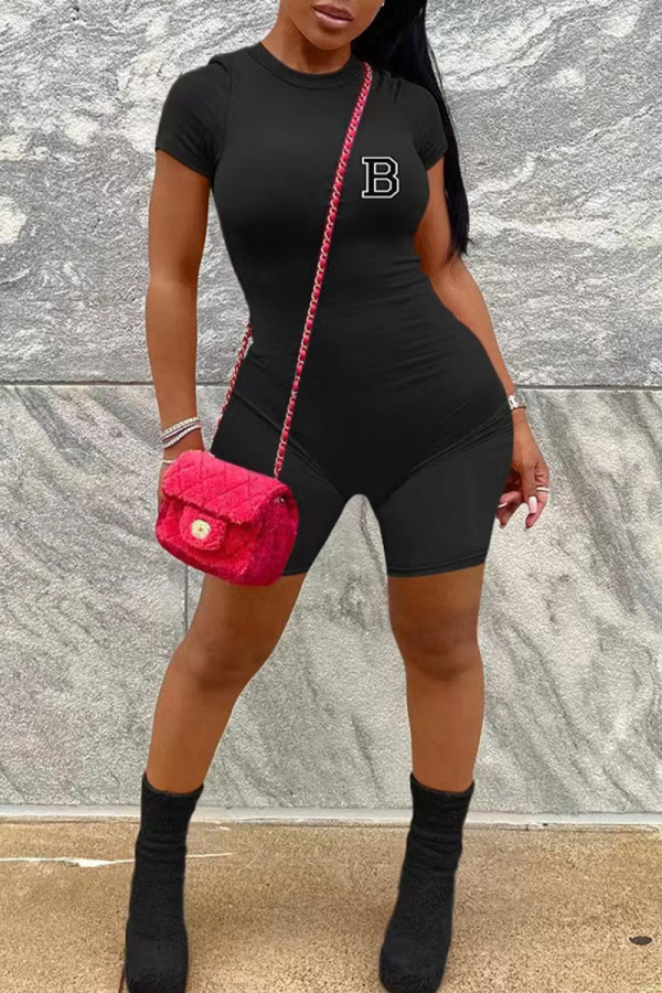 Black Casual Letter Print Zipper O Neck Skinny Rompers