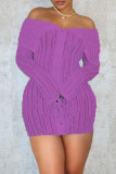 violet Sexy Solid Color Buckle See-Through Patchwork Off Shoulder Wrapped Skirt Dresses