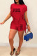 Red Casual Street Letter Print Tassel O Neck Short Sleeve Two Pieces