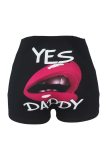 Black Casual Lips Print Letter Print Basic Skinny High Waist Conventional Positioning Print Shorts