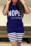 Dark Blue Casual Daily Skull Finger Letter Print Stripe O Neck Short Sleeve Two Pieces