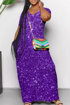 Purple Casual Print Pocket Patchwork V Neck Straight Dresses(Imitation Sequins)