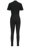 Black Casual Solid Color Zipper Patchwork Zipper Collar Short Sleeve Two Pieces