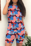 Multicolor Casual Print Patchwork O Neck Short Sleeve Two Pieces