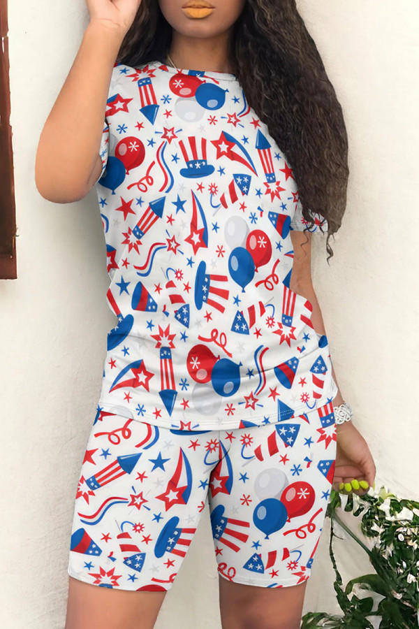 Colour Casual Print Patchwork O Neck Short Sleeve Two Pieces