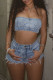 Light Blue Sexy Embroidery Pocket Buttons Zipper Patchwork Strapless Sleeveless Two Pieces