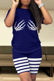 Dark Blue Casual Daily Skull Finger Letter Print Stripe O Neck Short Sleeve Two Pieces