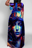 Turquoise Casual Print Patchwork O Neck Straight Dresses