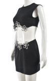 Black Celebrities Flowers Patchwork O Neck Sleeveless Two Pieces