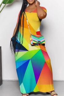 Yellow Casual Geometric Print Pocket Patchwork V Neck Straight Dresses