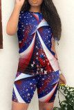 Multicolor Casual Print Patchwork O Neck Short Sleeve Two Pieces