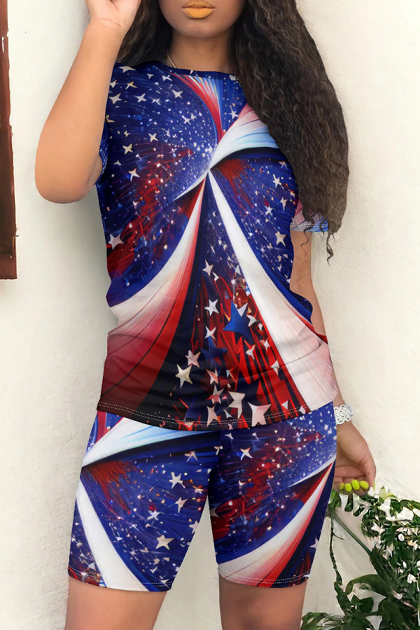 Dark Blue Red Casual Print Patchwork O Neck Short Sleeve Two Pieces