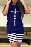 Dark Blue Casual Daily Skull Finger Letter Print Stripe O Neck Short Sleeve Two Pieces