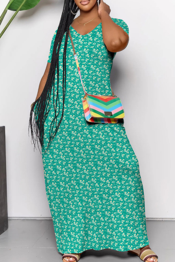 Cyan Casual Print Patchwork V Neck Long Dresses