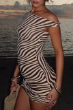Apricot Sexy Striped Print Ruched Patchwork Oblique Collar Wrapped Skirt Dresses