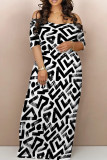 Black White Casual Geometric Print Backless Patchwork Off Shoulder Long Dresses