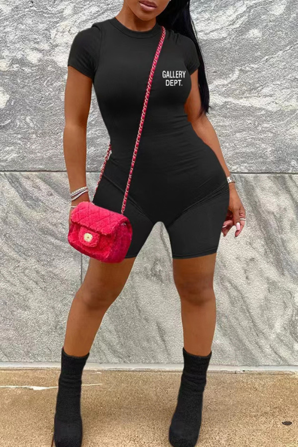 Black Casual Letter Print Zipper O Neck Skinny Rompers