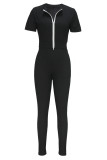 Black Casual Solid Color Zipper Patchwork Zipper Collar Short Sleeve Two Pieces