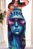 Turquoise Casual Print Patchwork O Neck Straight Dresses