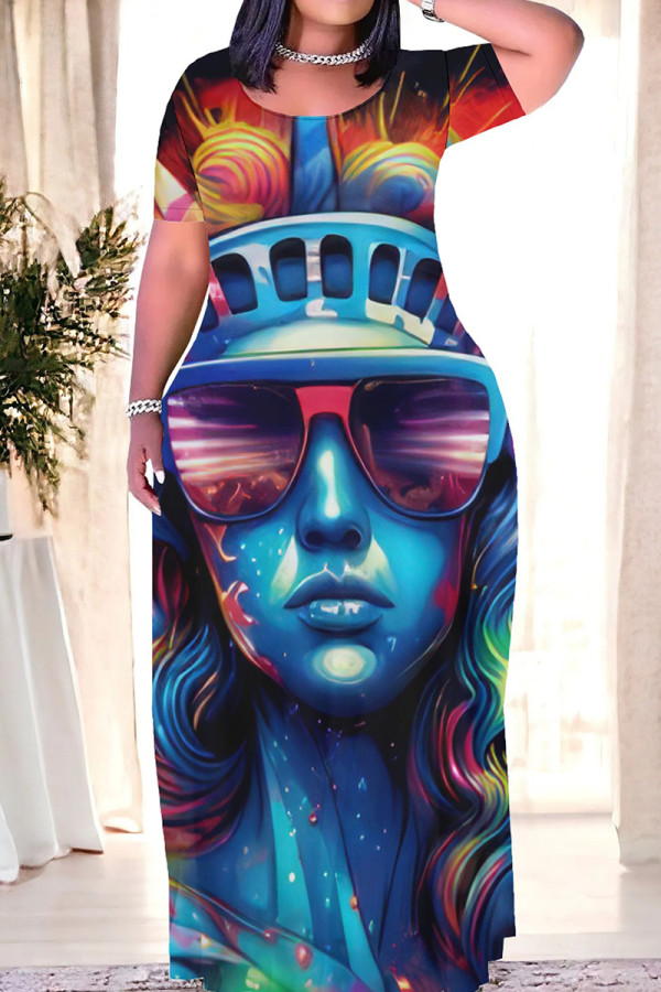 Turquoise Casual Print Patchwork O Neck Straight Dresses