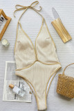 Cream White Sportswear Hollow Out Backless Strap Design Patchwork Swimwears(With Paddings)
