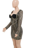 Black Sexy Backless Zipper Patchwork U Neck Wrapped Skirt Dresses