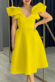 Red Celebrities Solid Color Ruffle Patchwork V Neck A Line Dresses