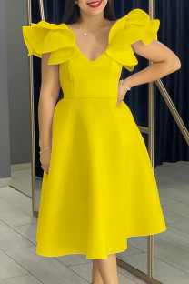 Yellow Celebrities Solid Color Ruffle Patchwork V Neck A Line Dresses