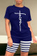 Dark Blue Casual Daily Skull Finger Letter Print Stripe O Neck Short Sleeve Two Pieces