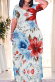 Turquoise Casual Print Patchwork O Neck Straight Dresses