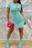 Blue Casual Letter Print Zipper O Neck Skinny Rompers