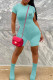 Sky Blue Casual Letter Print Zipper O Neck Skinny Rompers