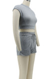 Grey Casual Solid Color Pocket Lace Up Patchwork O Neck Sleeveless Two Pieces
