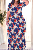 Red Casual Print Patchwork O Neck Straight Dresses
