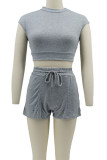 Grey Casual Solid Color Pocket Lace Up Patchwork O Neck Sleeveless Two Pieces