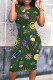 Green Casual Daily Cartoon Print O Neck Printed Short Sleeve Dress