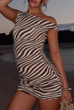 Apricot Sexy Striped Print Ruched Patchwork Oblique Collar Wrapped Skirt Dresses
