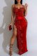 Red Sexy Hot Hot Drilling Patchwork Backless Slit Spaghetti Strap Long Dresses
