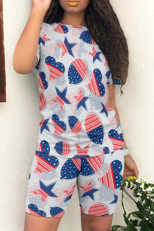 White Blue Casual Print Patchwork O Neck Short Sleeve Two Pieces