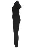 Black Casual Solid Color Zipper Patchwork Zipper Collar Short Sleeve Two Pieces