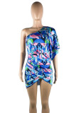 Blue Casual Print Ruched Patchwork Oblique Collar Wrapped Skirt Dresses