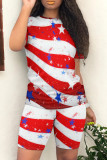Multicolor Casual Print Patchwork O Neck Short Sleeve Two Pieces