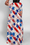 Turquoise Casual Print Patchwork O Neck Straight Dresses